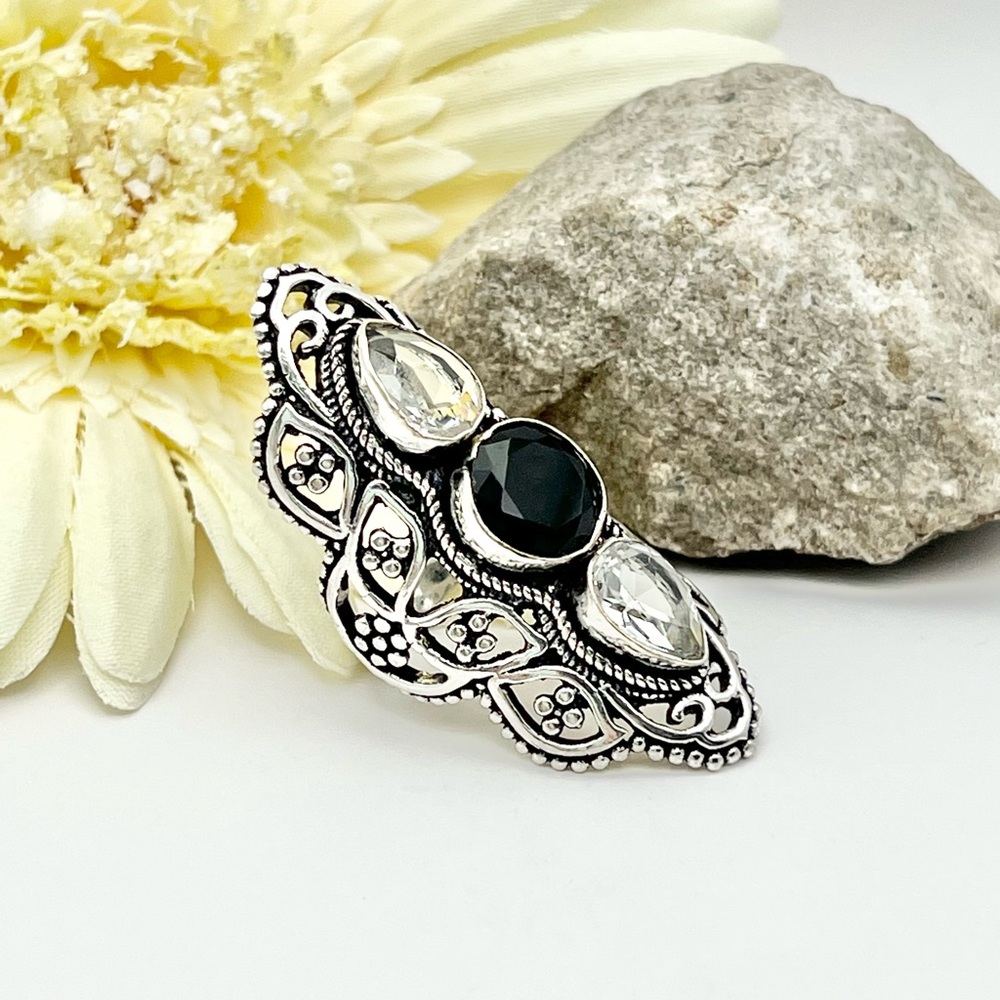BLACK ONYX/WHITE TOPAZ RING - Picture 10 of 11